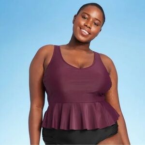 NEW Kona Sol Burgundy Peplum Swim Top Neck Tankini